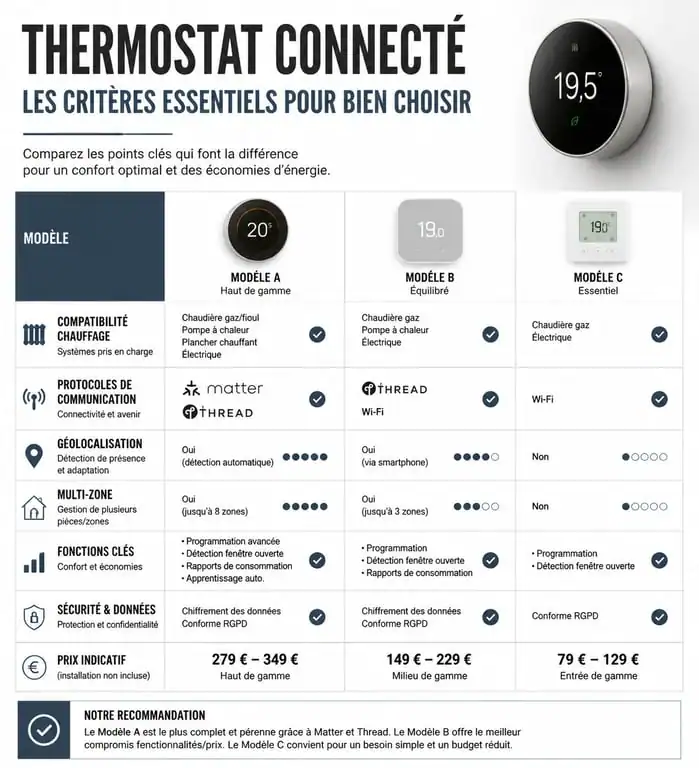 Infographie comparative des critères pour choisir le meilleur thermostat connecté en 2026