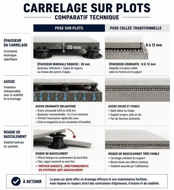 Infographie comparative des inconvénients et contraintes techniques du carrelage sur plots pour terrasse