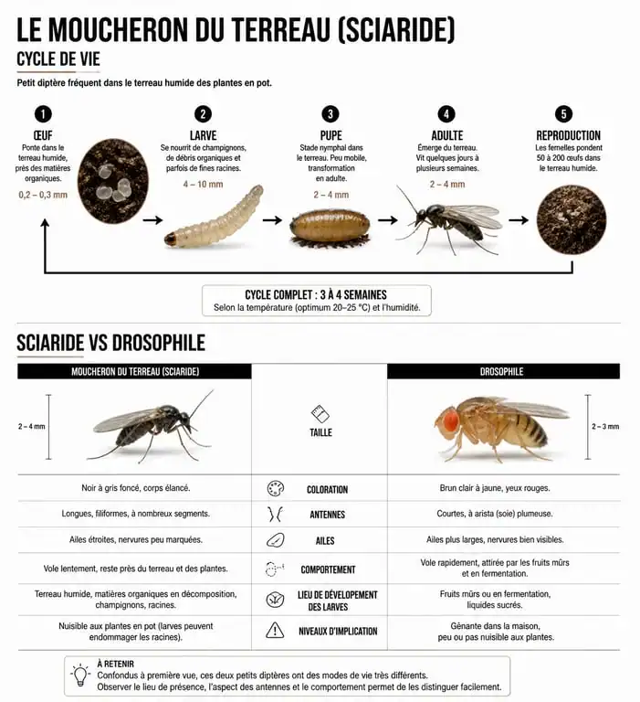 Infographie sur l'identification et le cycle de vie des moucherons dans les plantes d'intérieur