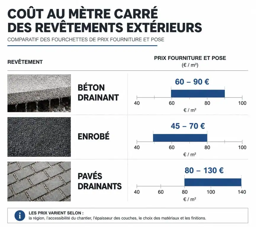 Comparatif des prix au m2 entre béton drainant, enrobé et pavés pour un aménagement extérieur