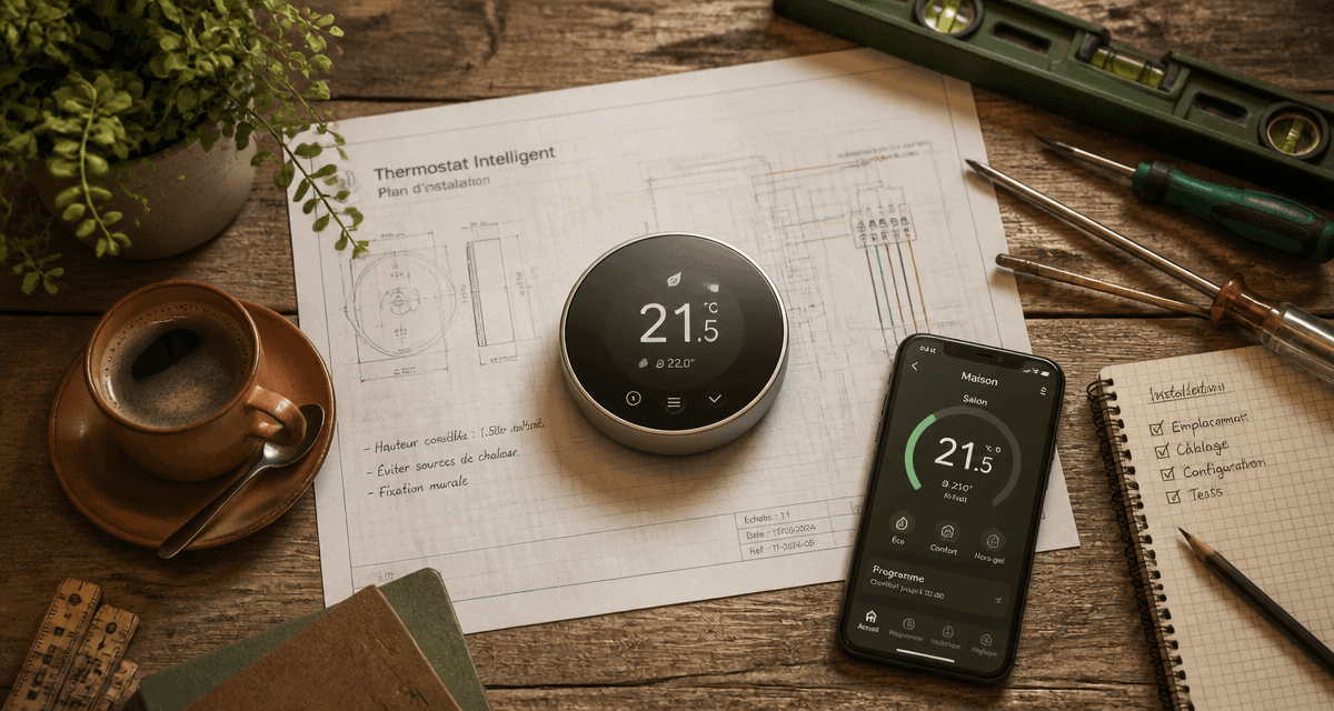 meilleur thermostat connecté sur table avec outils et smartphone