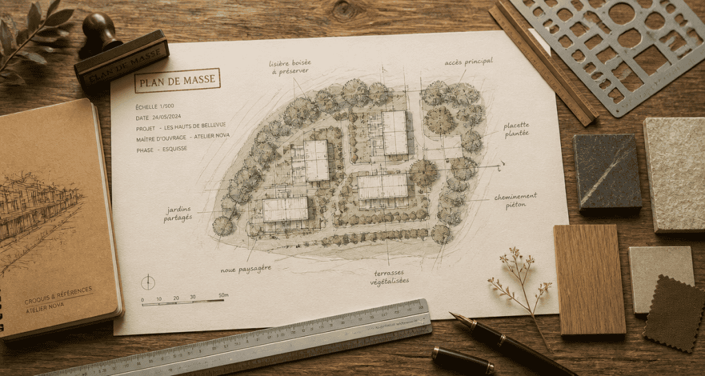 plan masse sur bureau architecte avec outils