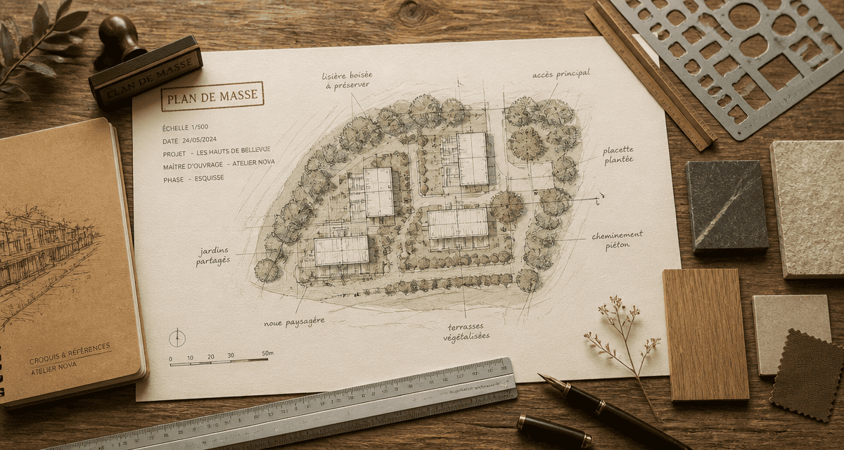 plan masse sur bureau architecte avec outils