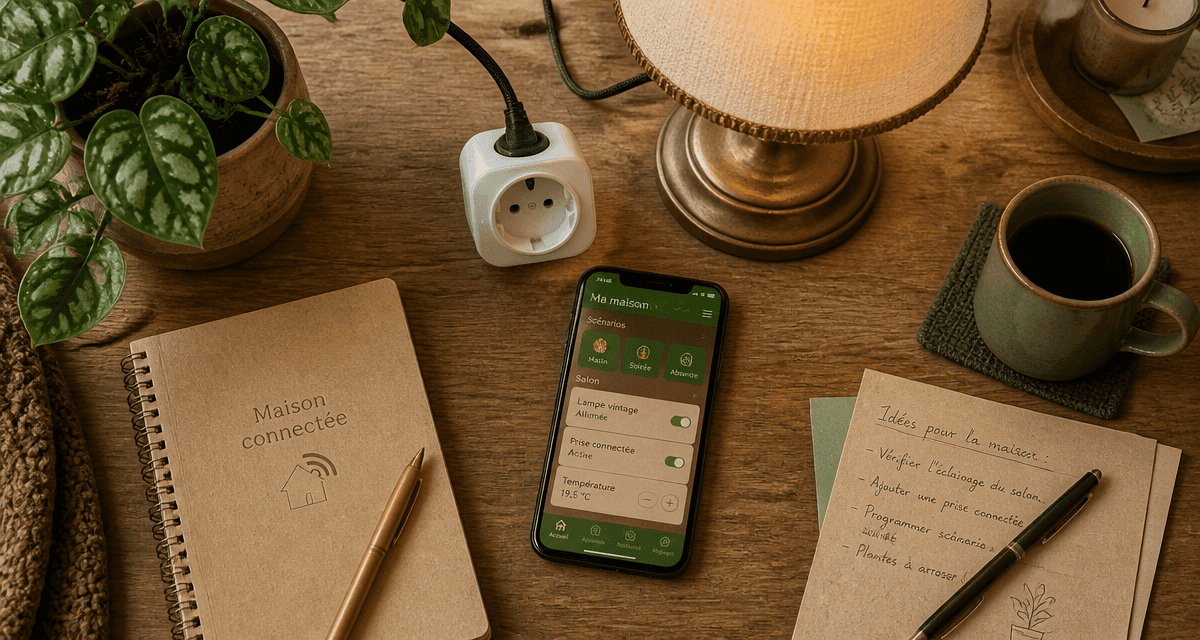 prise alexa connectée sur bureau avec lampe et smartphone
