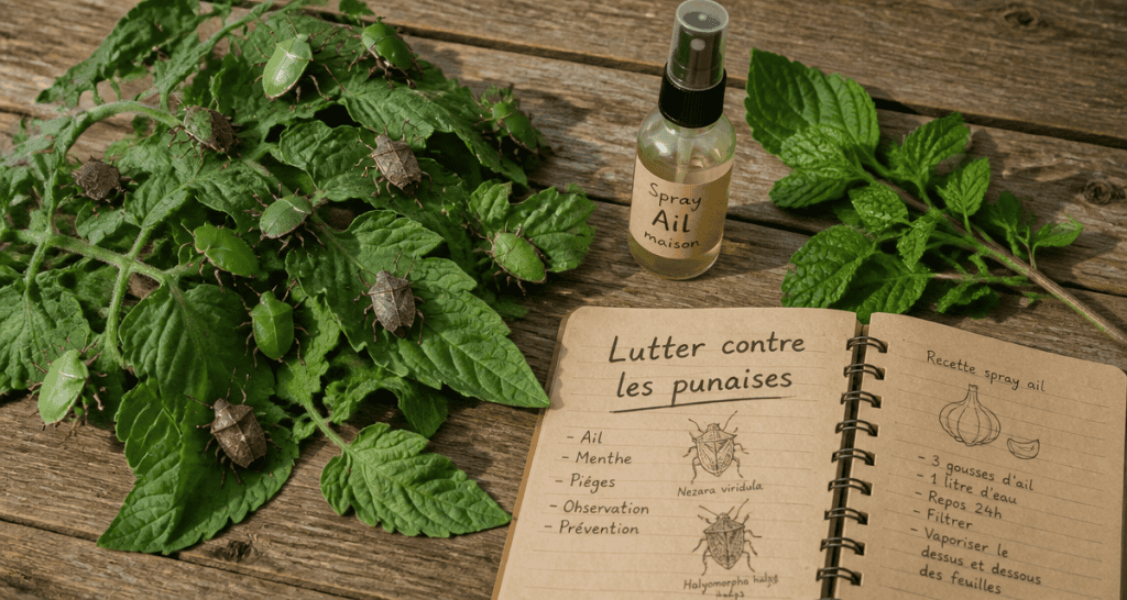 Punaise de jardin sur feuilles de tomate avec spray maison