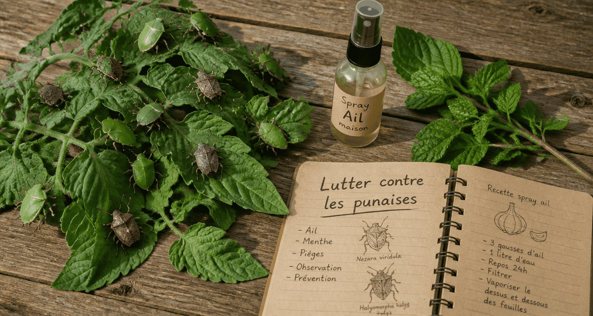 Punaise de jardin sur feuilles de tomate avec spray maison