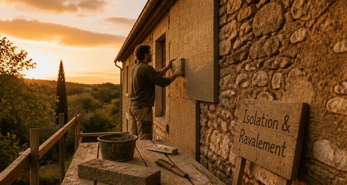 Ravalement ITE pose isolant maison pierre