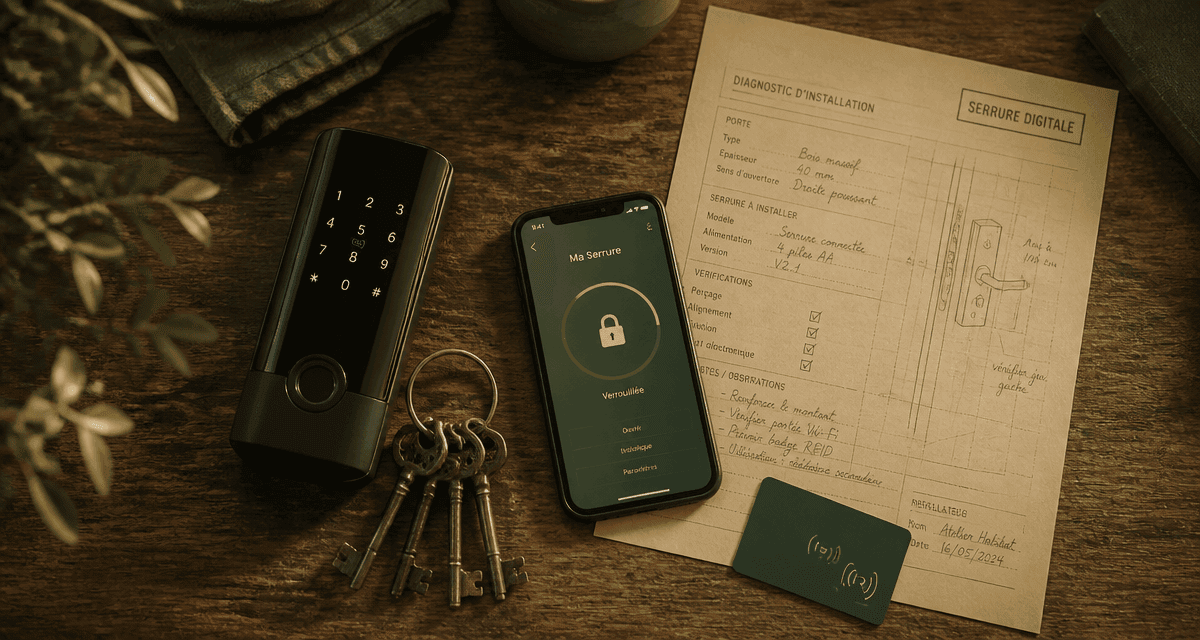 serrure digitale moderne avec clés, smartphone et badge RFID