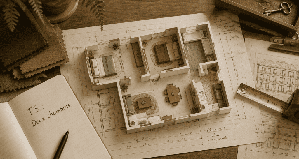 t3 combien de chambre vue maquette salon deux chambres