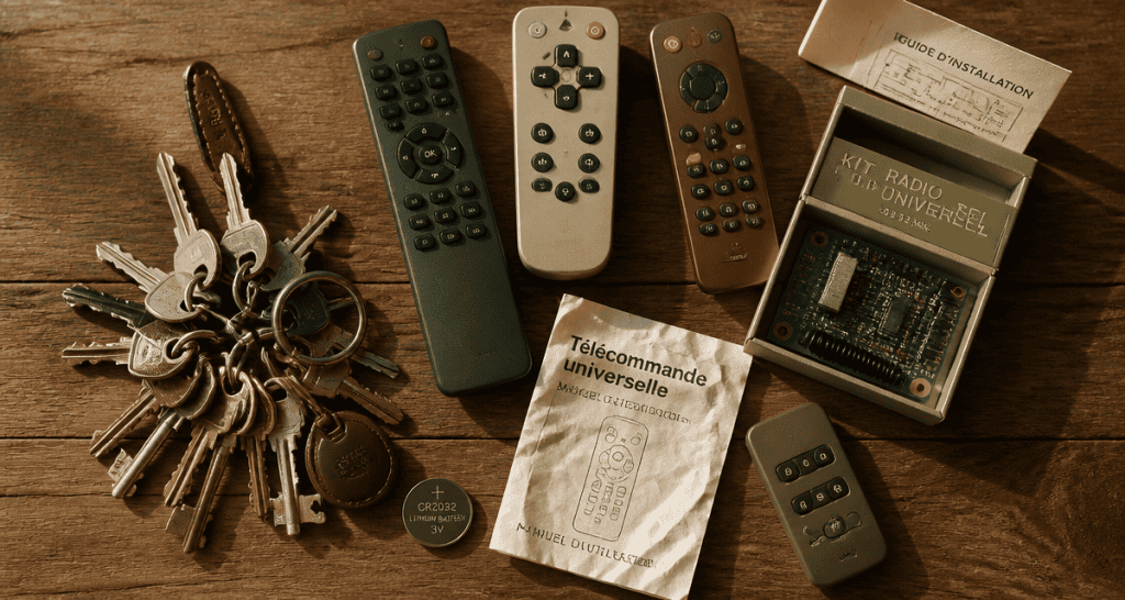 télécommande universelle portail, clés et kit radio sur table