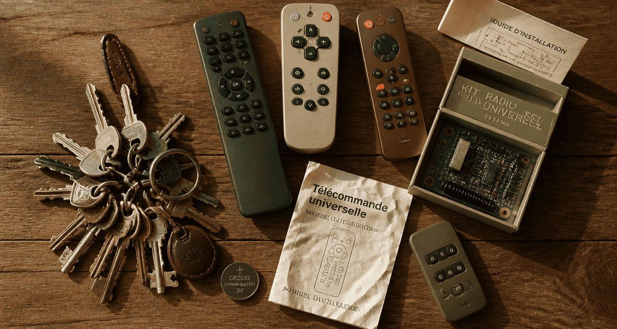 télécommande universelle portail, clés et kit radio sur table