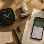 thermostat connecté radiateur, smartphone et plans sur table