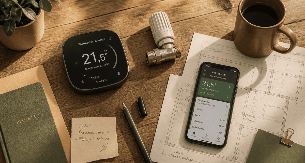 thermostat connecté radiateur, smartphone et plans sur table