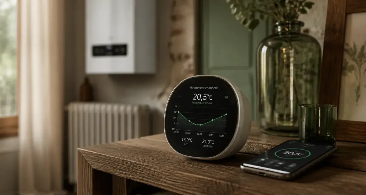 Avis thermostat connecté : thermostat sur étagère avec app et courbes de température
