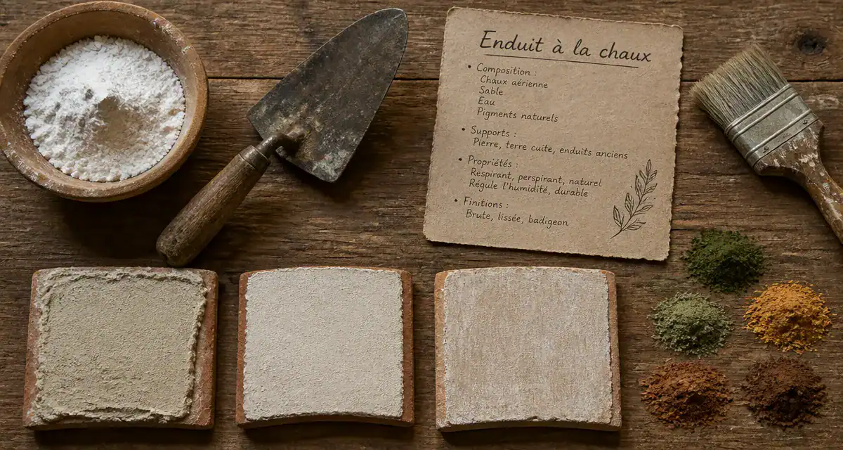 Chaux enduit sur tuiles, outils et pigments