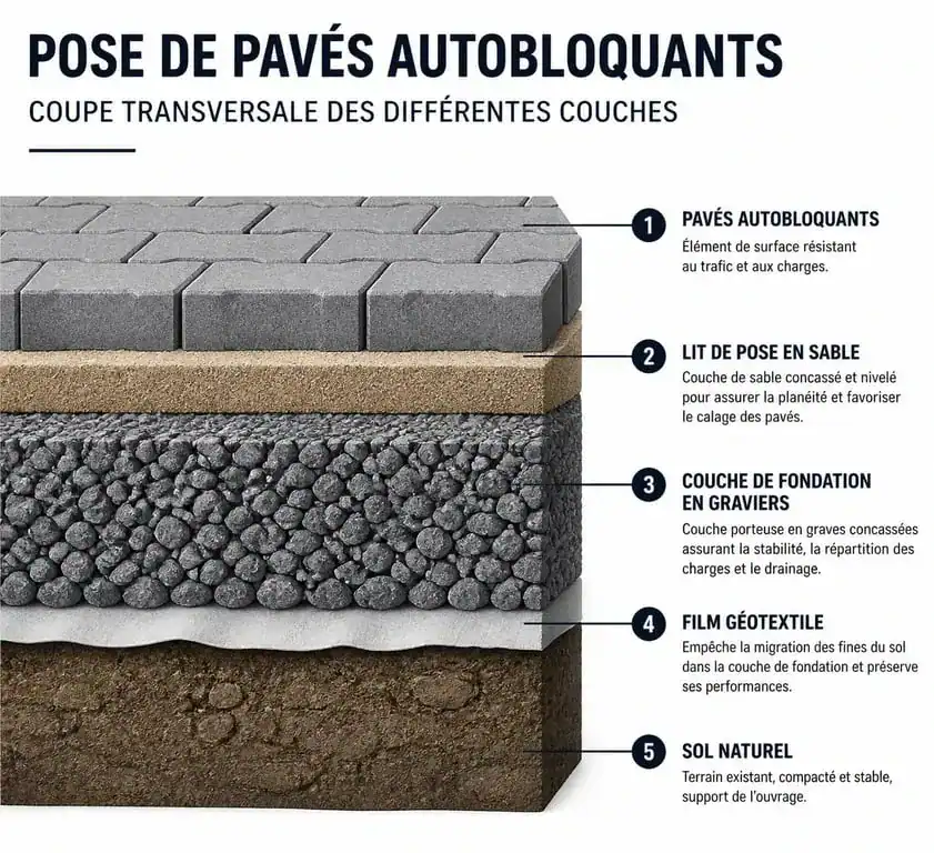 Schéma en coupe de la pose de pavés autobloquants : fondation, géotextile et lit de sable