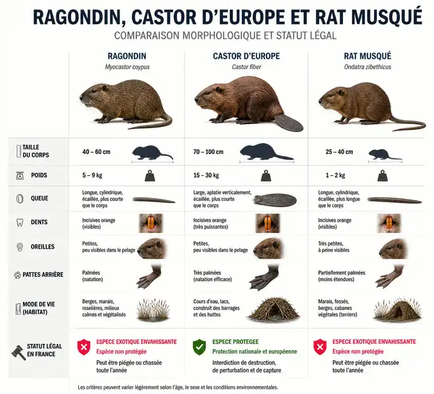 Comparaison visuelle entre ragondin, castor d'Europe et rat musqué pour éviter la confusion avec une espèce protégée.