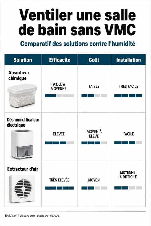 Infographie comparative des solutions pour ventiler une salle de bain sans VMC