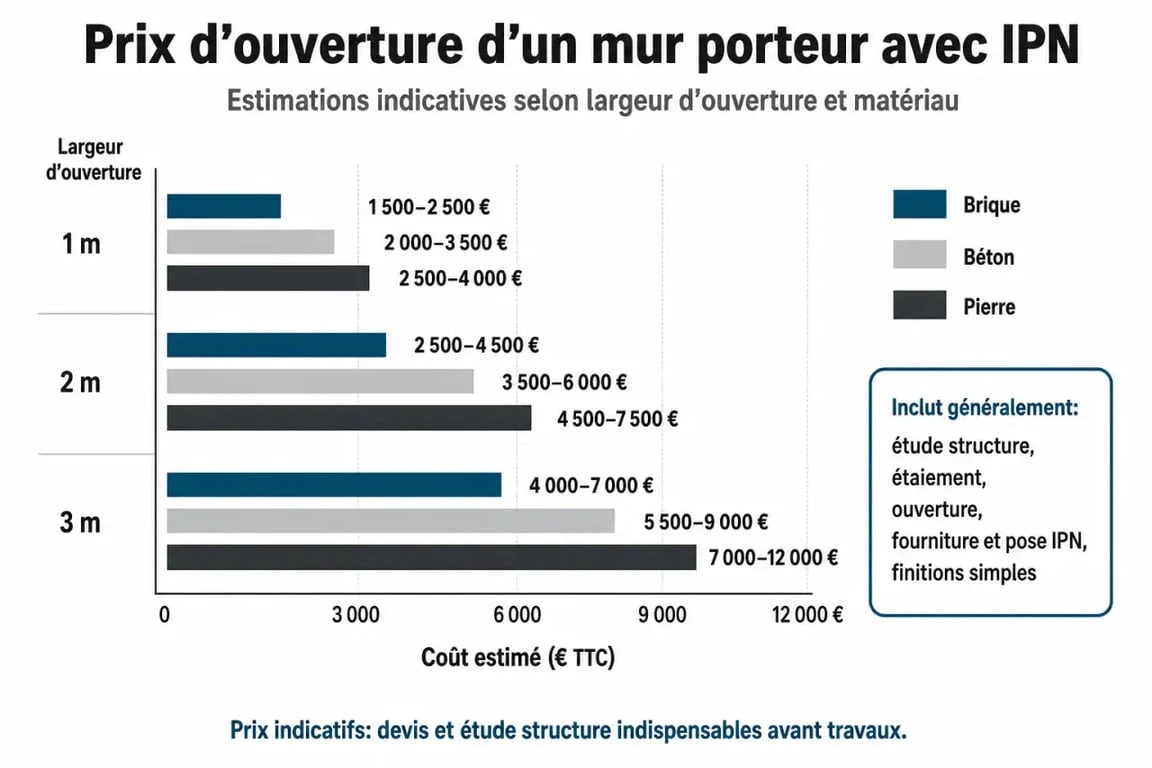 Infographie des prix pour l'ouverture d'un mur porteur avec IPN selon la largeur et le matériau