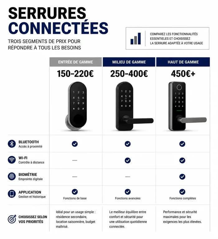 Infographie comparative des prix et fonctionnalités des serrures connectées