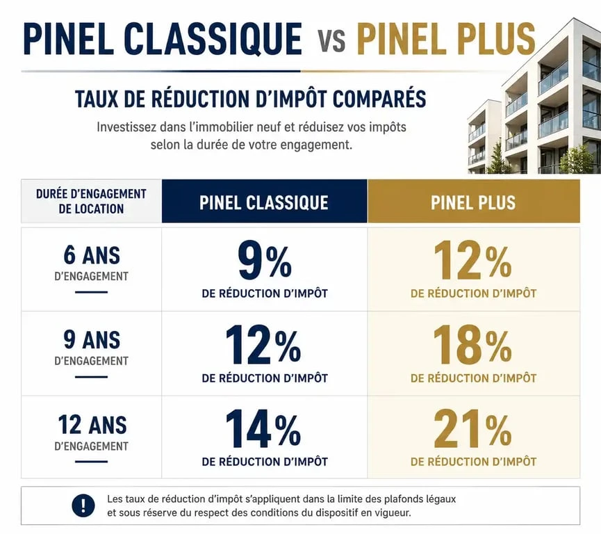 Comparatif des taux de réduction d'impôt entre Pinel classique et Pinel Plus pour un investissement locatif à Toulouse
