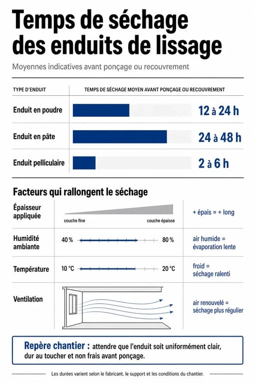 Tableau récapitulatif des temps de séchage de l'enduit de lissage avant ponçage selon le type d'enduit