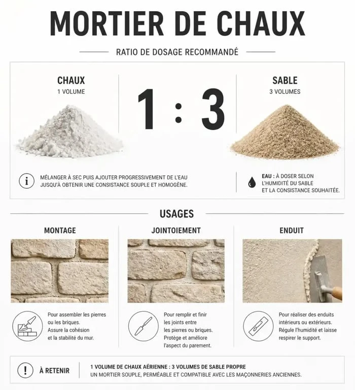 Tableau récapitulatif du dosage mortier chaux pour mur en pierre