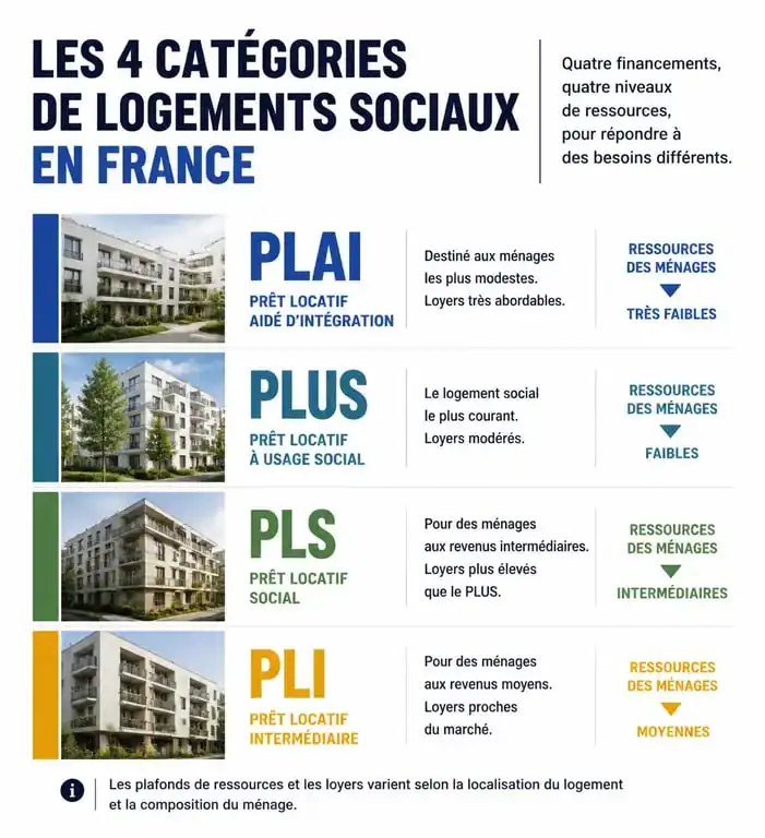 Infographie comparative des catégories de logement à loyer modéré : PLAI, PLUS, PLS, PLI
