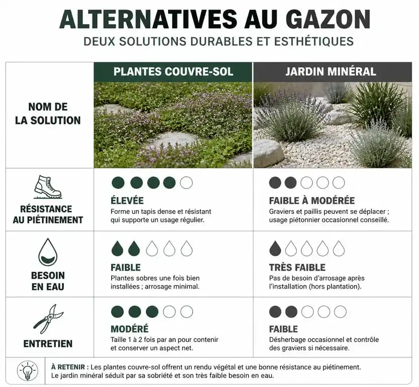 Tableau comparatif des alternatives au gazon pour remplacer la pelouse traditionnelle