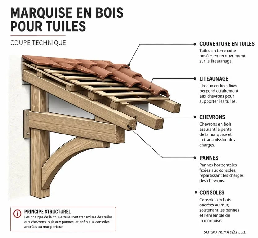 Schéma technique des composants d'une marquise à tuiles en bois