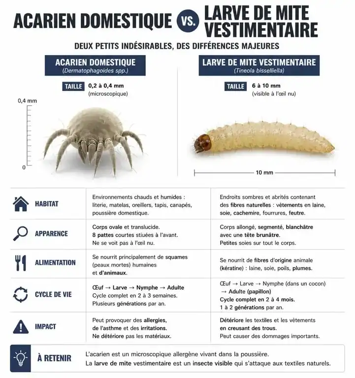 Infographie comparative entre acariens et larves de mites de poussière pour l'identification