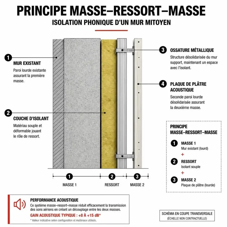 Schéma technique du principe masse-ressort-masse pour isoler phoniquement un mur mitoyen