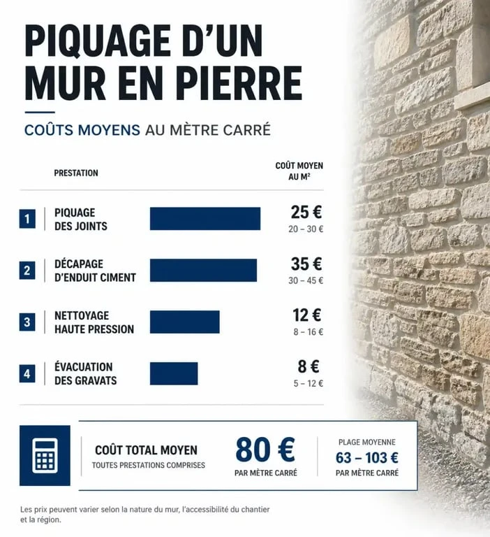 Infographie des prix moyens au m2 pour le piquage de mur en pierre et rénovation de façade