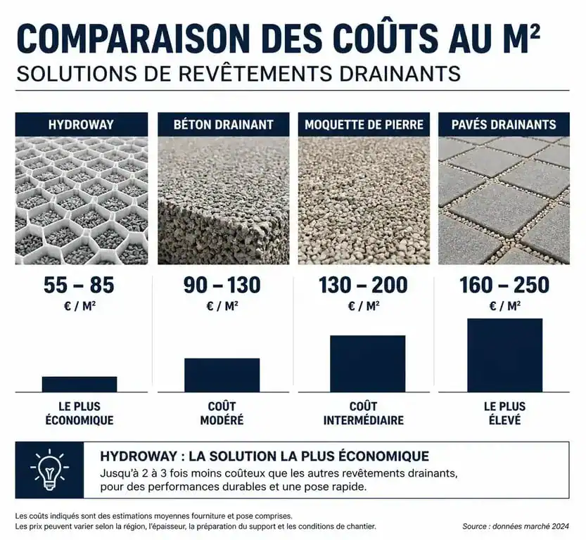 Comparatif des prix au m² des revêtements drainants incluant l'Hydroway pour votre projet extérieur