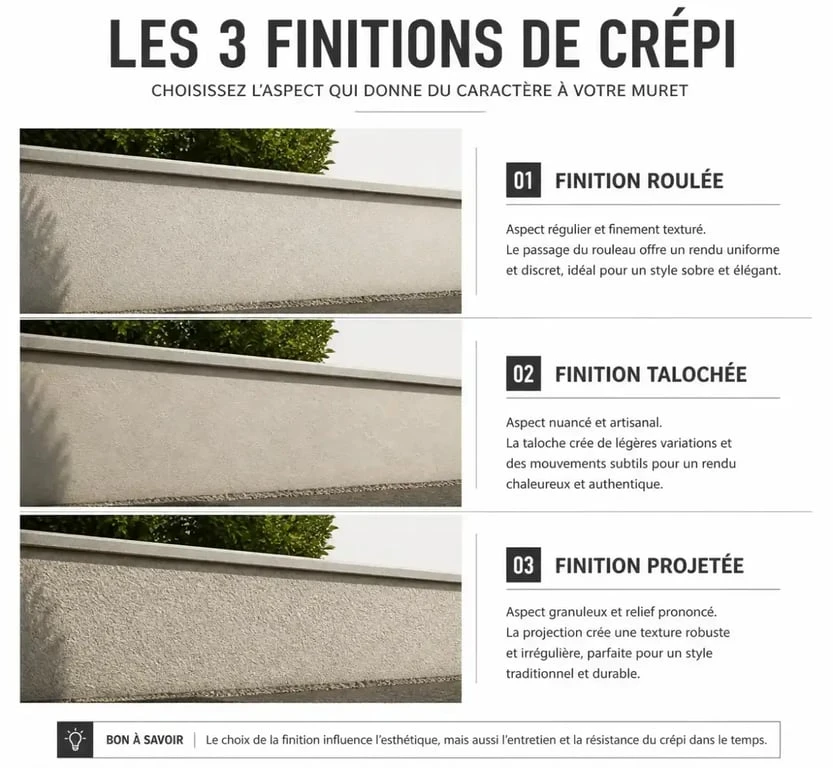 Trois types de finitions pour un crépi de muret extérieur : roulé, taloché et projeté