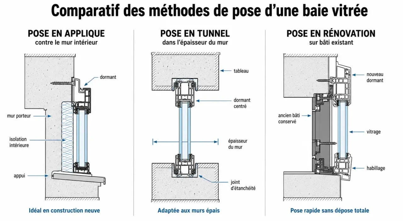 Schéma comparatif des méthodes d'installation baie vitrée : applique, tunnel et rénovation