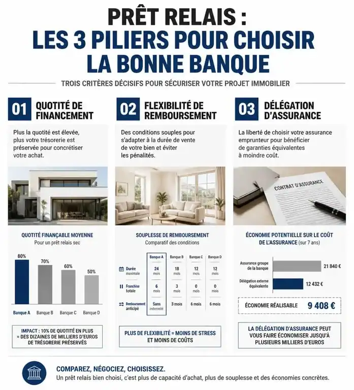 Infographie sur les critères de choix de la meilleure banque pour un prêt relais