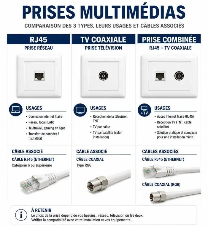 Comparatif des prises RJ45 et TV pour une installation multimédia