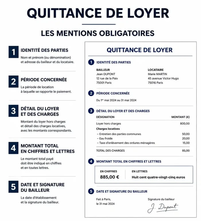 Infographie des mentions obligatoires sur une quittance de loyer pour justifier le paiement du loyer