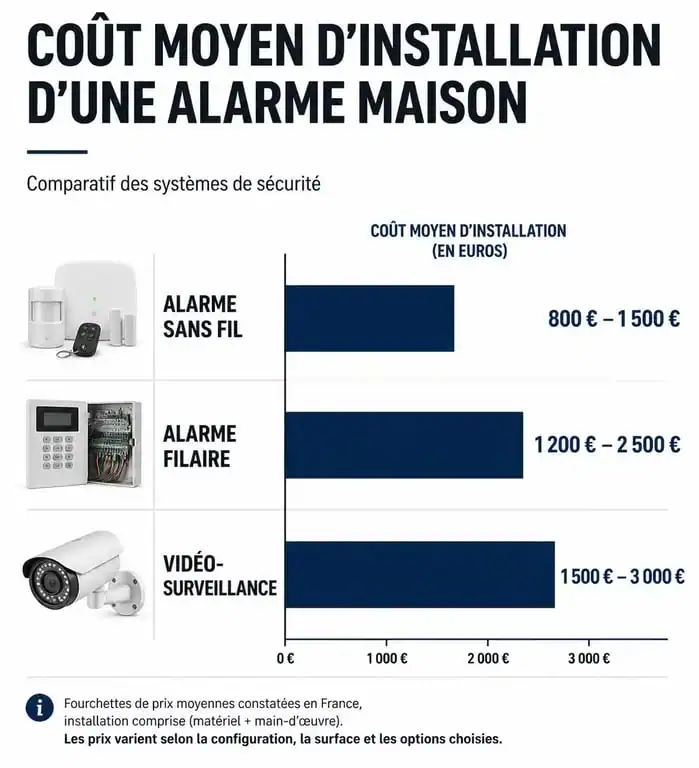 Graphique comparatif des coûts pour une installation alarme maison prix selon le type de système