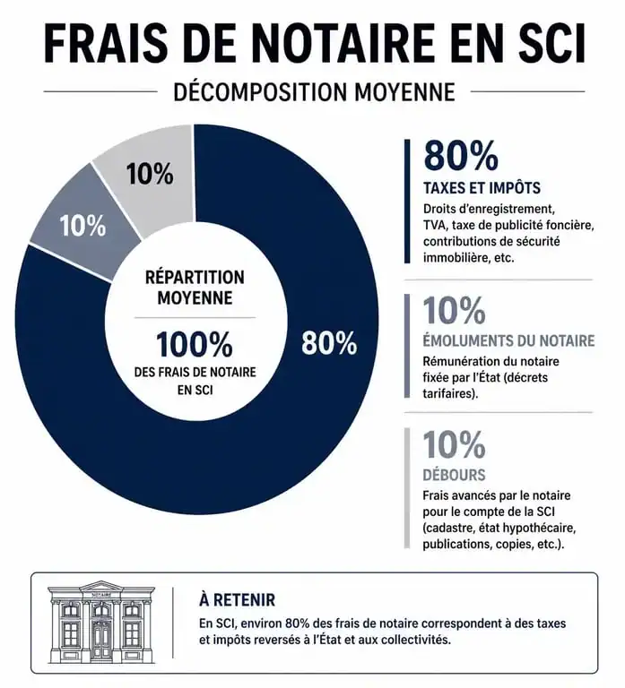 Décomposition des frais de notaire pour une SCI : répartition entre taxes, émoluments et débours