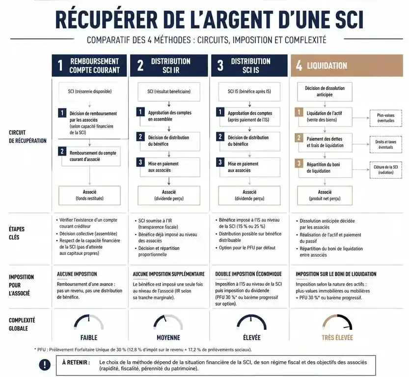 Infographie comparative des méthodes pour récupérer l'argent de la vente d'un bien en SCI
