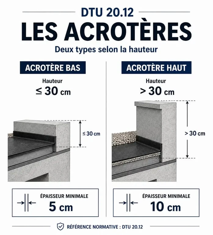 Schéma comparatif des hauteurs et épaisseurs d'acrotère selon le DTU 20.12 pour toiture terrasse