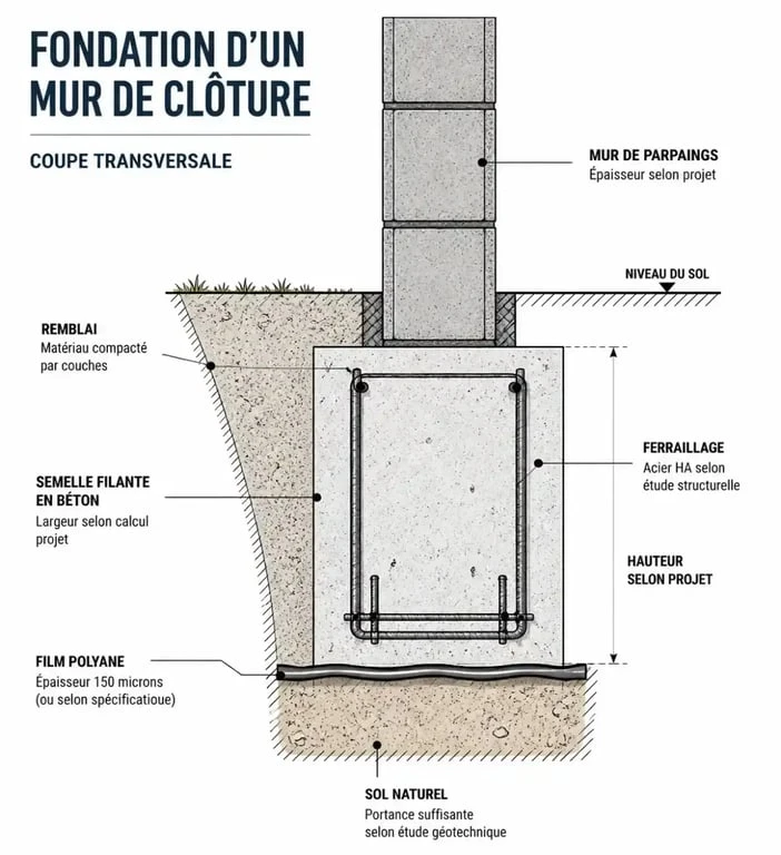 Schéma technique d'une fondation de mur de clôture avec semelle et ferraillage