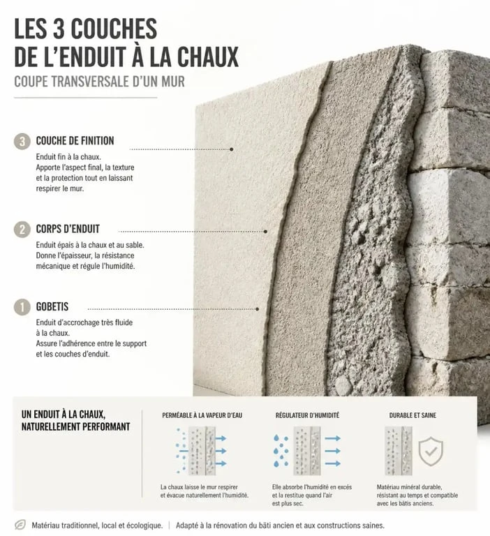 Schéma des trois couches d'un enduit à la chaux pour façade : gobetis, corps d'enduit et finition
