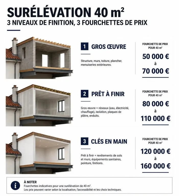 Infographie des prix d'une surélévation de maison de 40m2 selon le niveau de finition