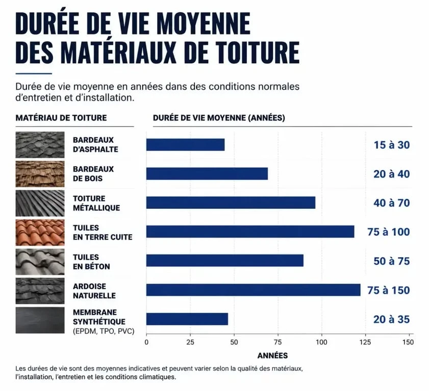 Infographie comparative de la durée de vie des matériaux de toiture : ardoise, terre cuite, zinc, béton et bac acier