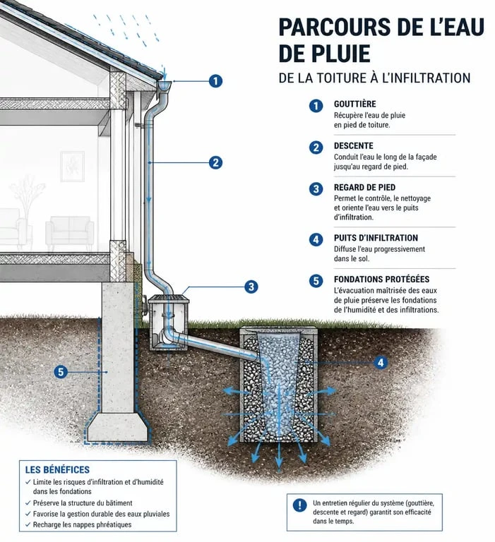 Schéma technique de l'évacuation des eaux pluviales pour une maison individuelle