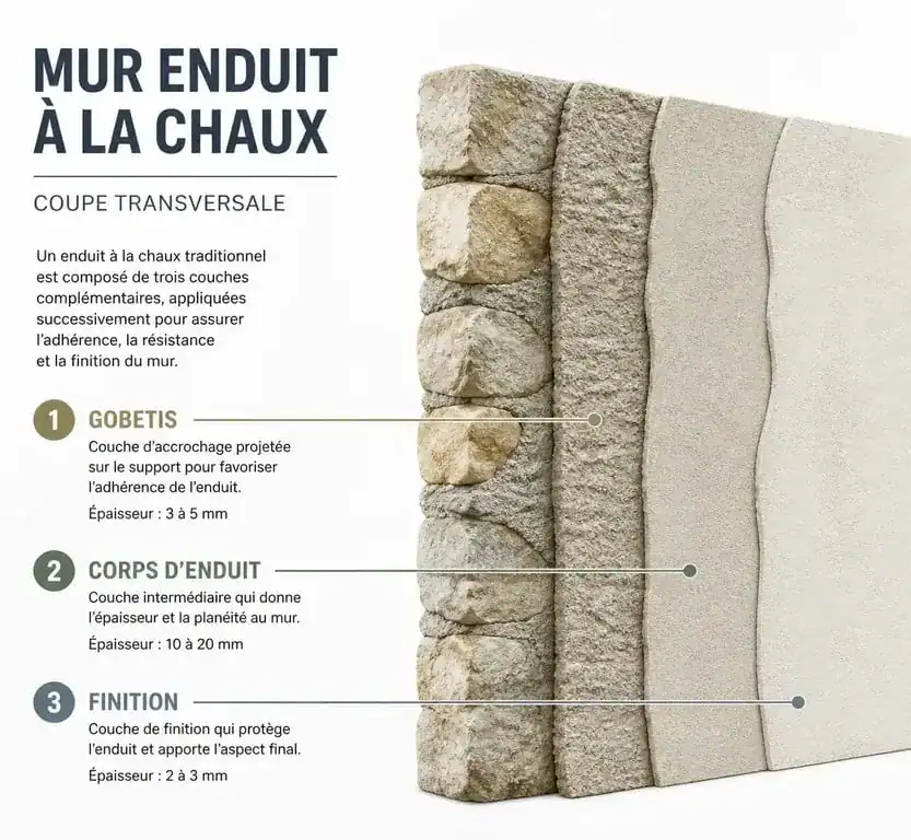 Schéma des trois couches d'un enduit à la chaux : gobetis, corps d'enduit et finition