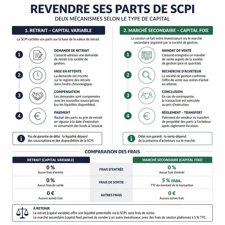 Infographie explicative sur la procédure pour vendre ses parts de SCPI : capital variable vs capital fixe et étapes de revente.